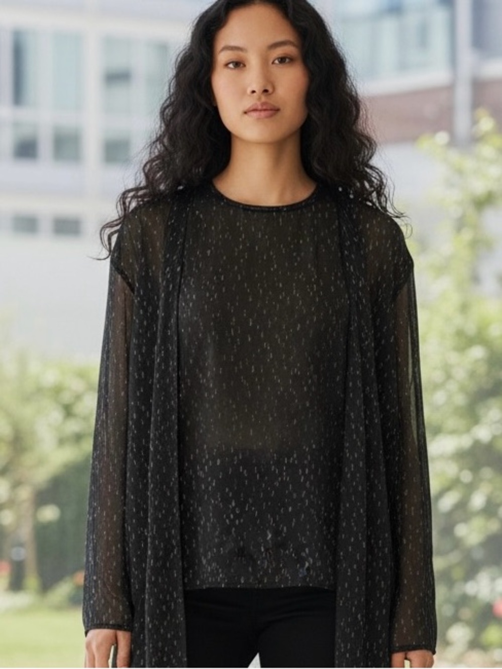 80s SILK CREPE 2 PC BLACK SHEER OVERSIZED UMBRA DITZY PRINT TOP & JACKET S